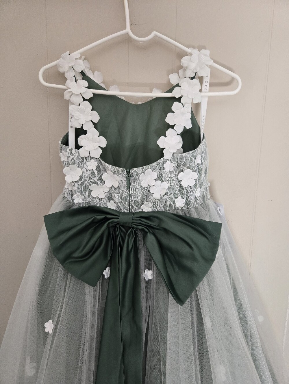Azazie Celia Flowergirl Dress Eucalyptus Green White Lace 3D Flowers Train 14 - Picture 8 of 16
